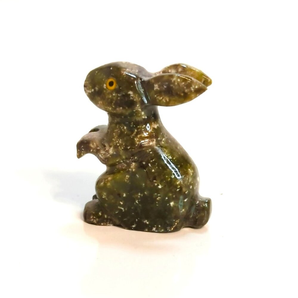 Carved Stone Rabbit Figurine Green Brown Speckled Bunny Collectible Small - Picture 3 of 6